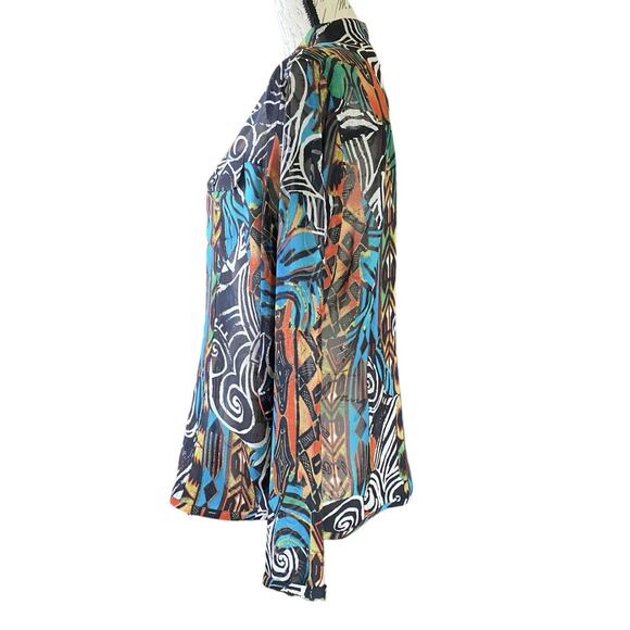 Retro CHICO'S Womens 1 (M) 100% Silk Artsy Semi-Sheer Career High Collar Blouse - Picture 6 of 10